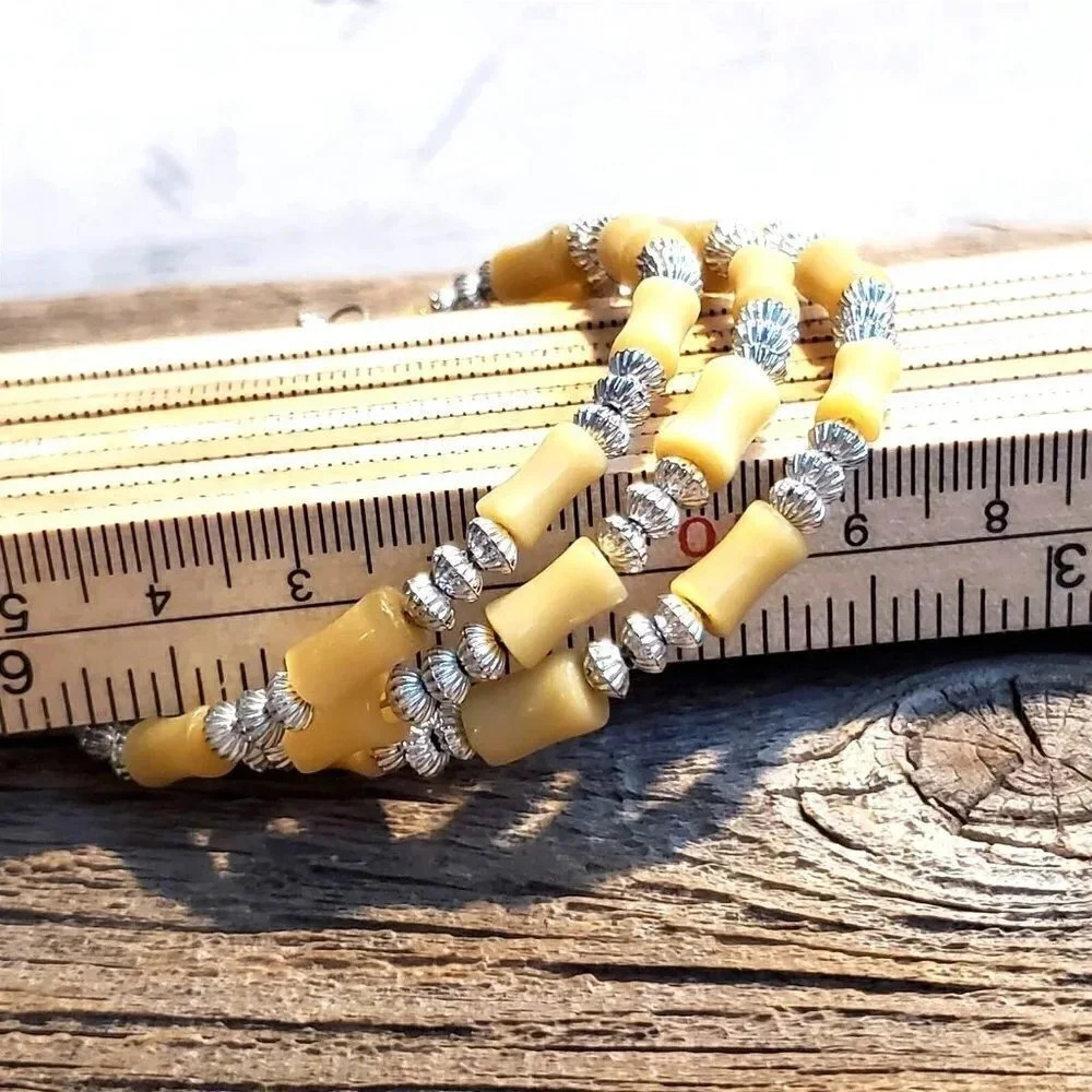 Cat's Eye Glass Vintage Beads Muted Yellow Memory Wire Wrap Bangle Bracelet